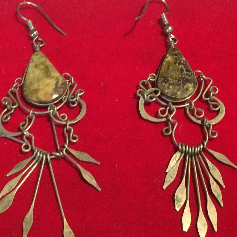 Green/silver tassel earrings